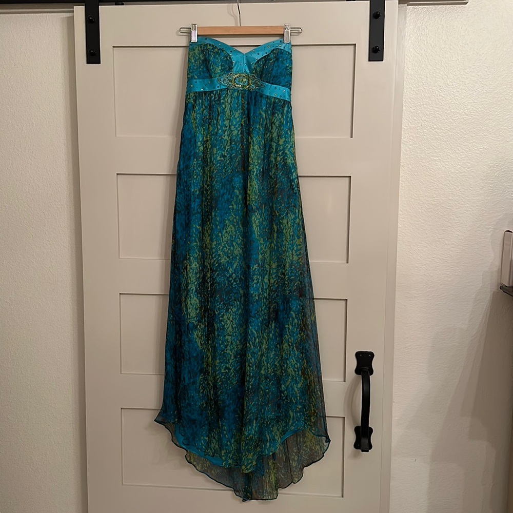 Laundry by Shelli Segal Long strapless formal blue/green/multi color dress; Sz 6